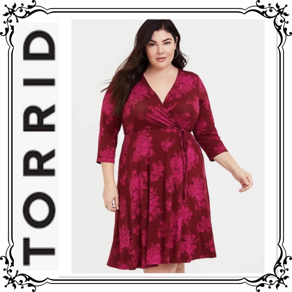 TORRID ⭐️ Pink & Red Floral Faux Wrap Jersey Dress